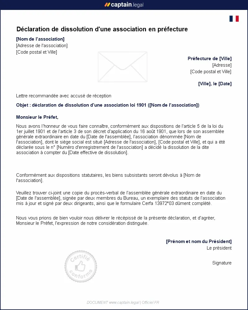 Personnalisez : Déclaration de dissolution d'une association - PDF et Word
