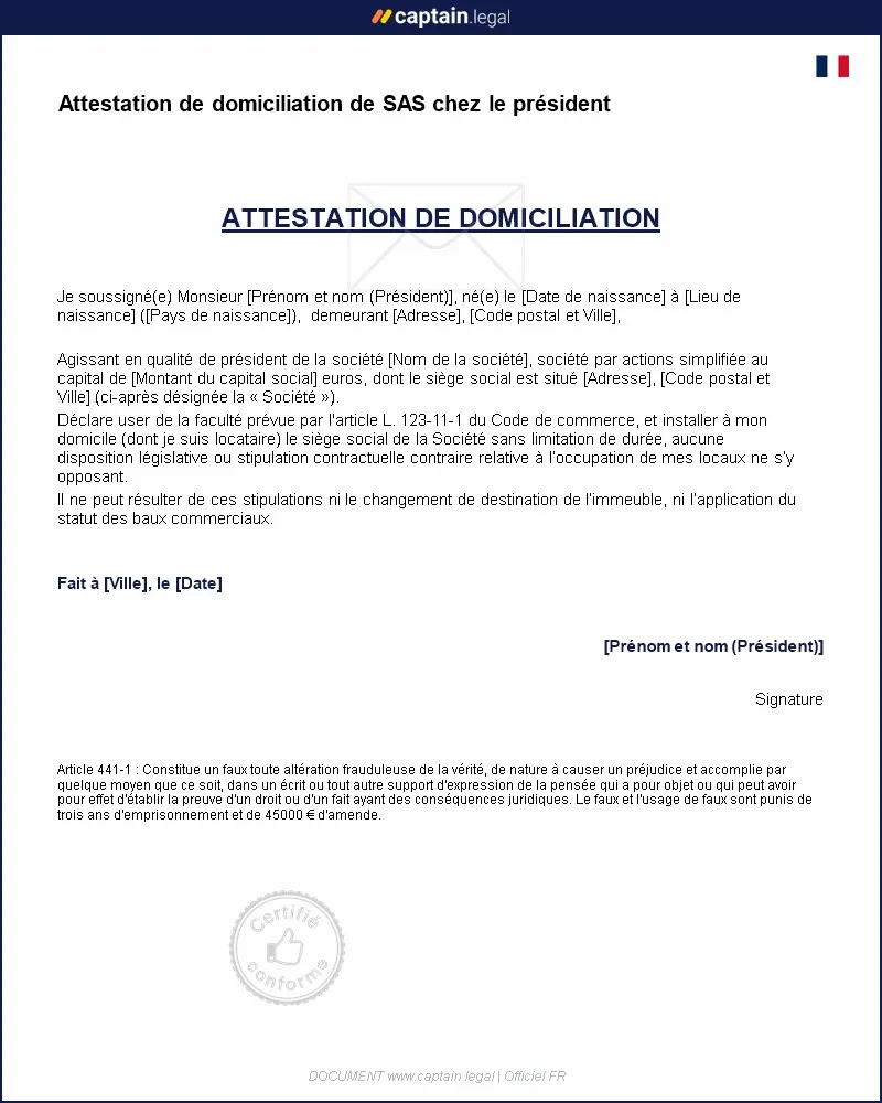 Personnalisez : Attestation de domiciliation d'une SAS - Modèle PDF et Word