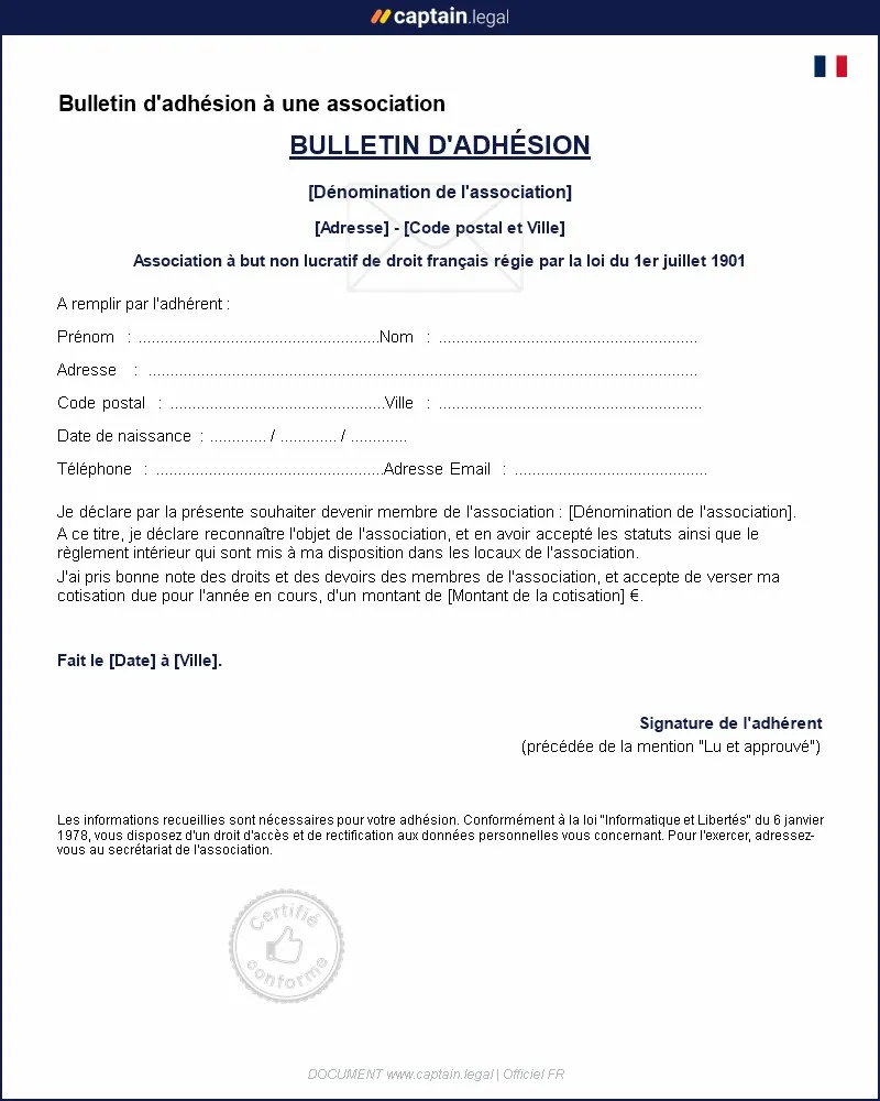 Personnalisez : Bulletin d'adhésion à une association