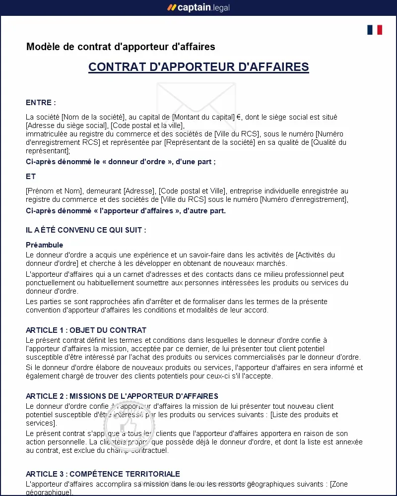 Personnalisez : Modèle de contrat d'apporteur d'affaires - PDF et Word