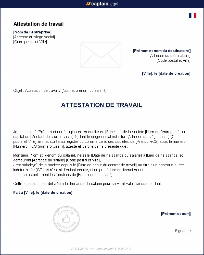 Personnalisez : Modèle d'attestation de travail à personnaliser