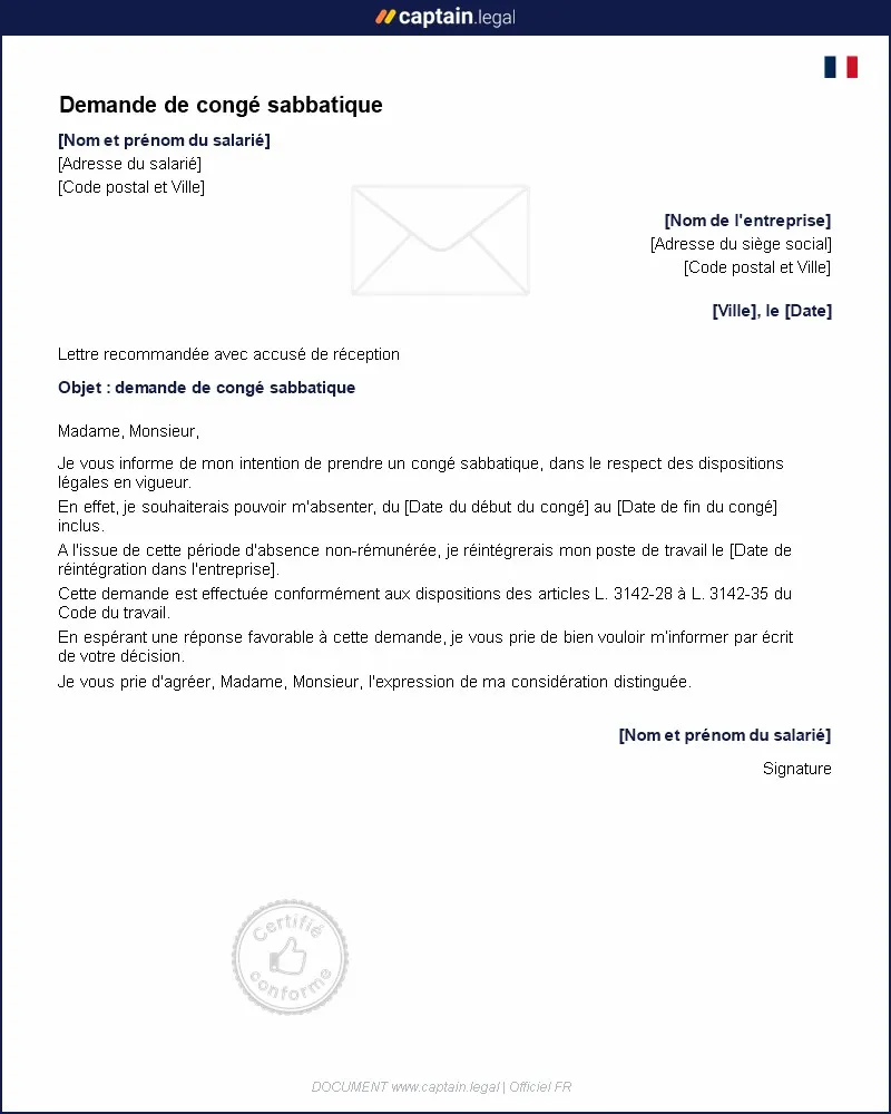 Personnalisez : Demande de congé sabbatique à l'employeur