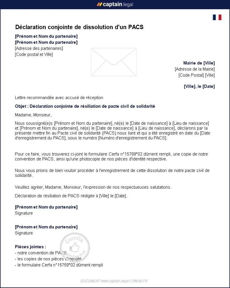 Personnalisez : Modèle de déclaration conjointe de dissolution d'un PACS
