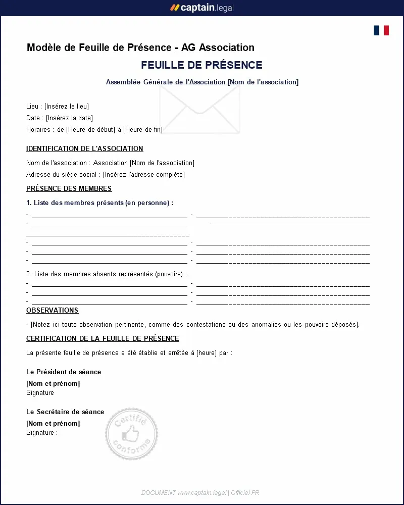 Personnalisez : Exemple de Feuille de Présence pour Assemblées Générales