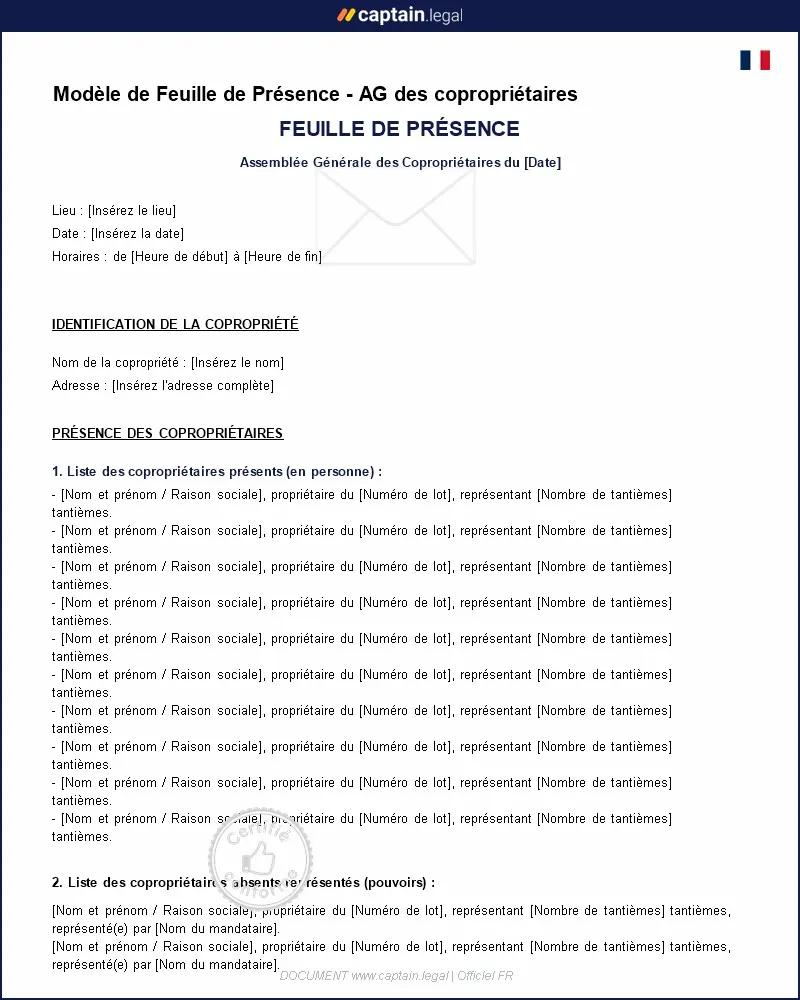 Personnalisez : Modèle de Feuille de Présence - AG des copropriétaires