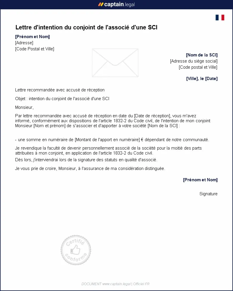 Personnalisez : Lettre d'intention du conjoint - Associé SCI