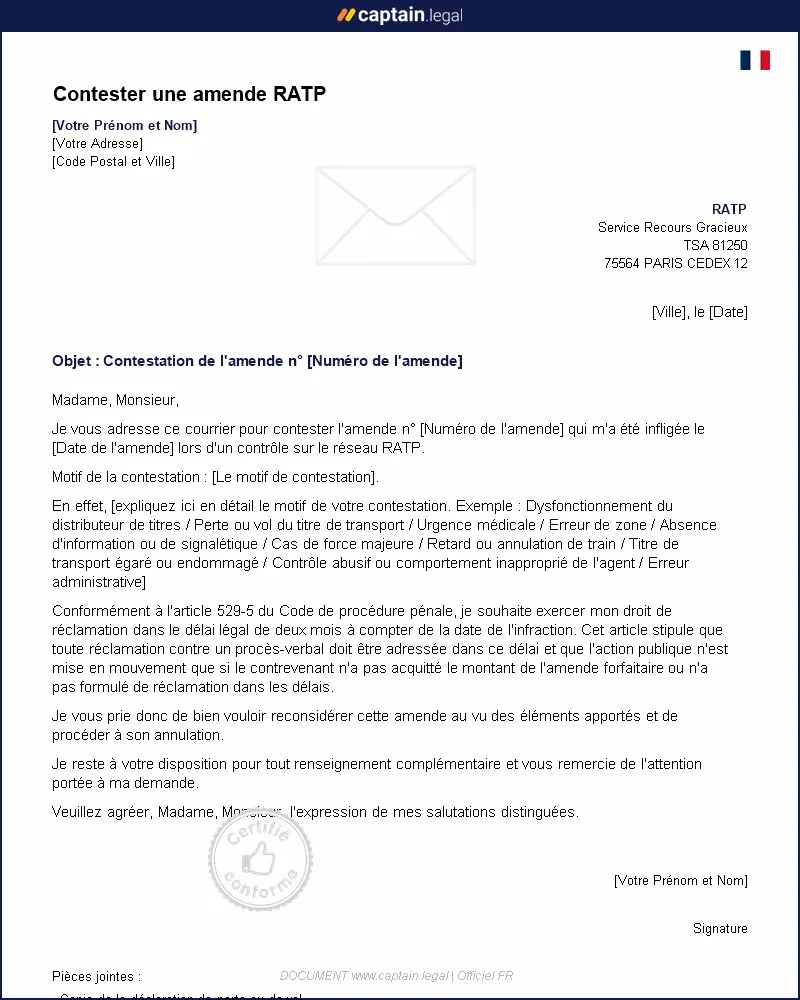 Personnalisez : Modèle de lettre pour contester une amende RATP