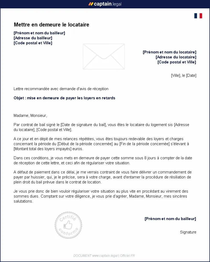 Personnalisez : Mettre en demeure le locataire de payer ses loyers
