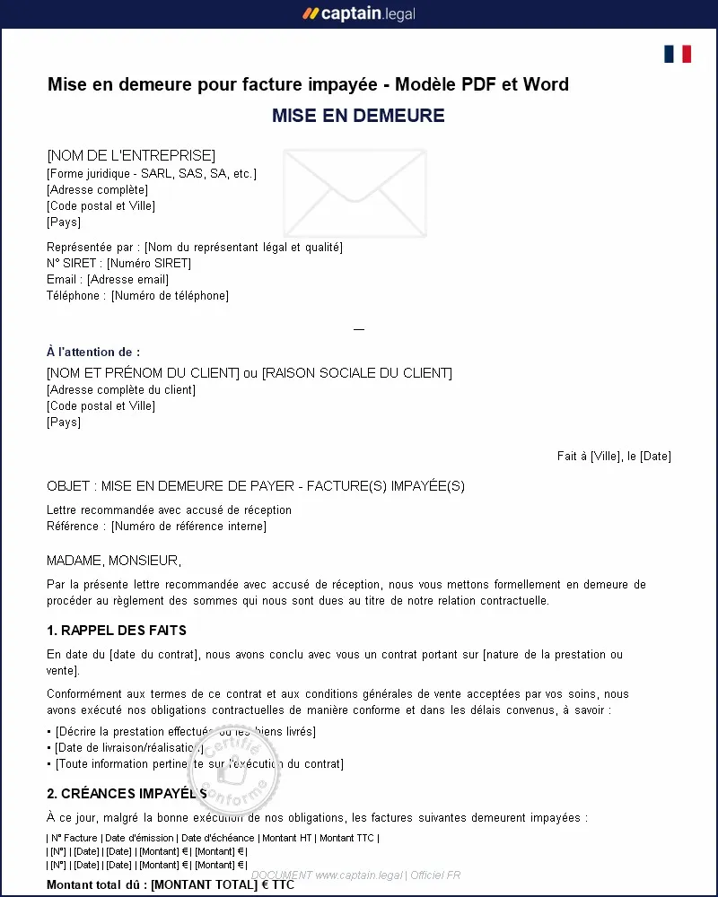 Personnalisez : Mise en demeure pour facture impayée – Modèle PDF et Word