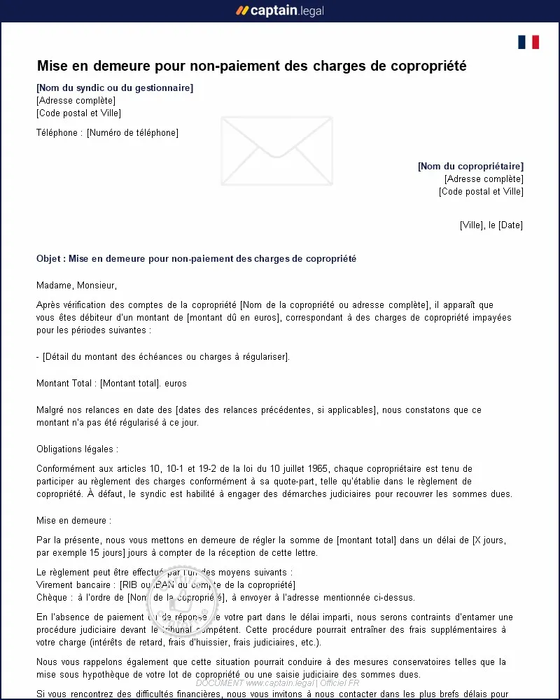 Personnalisez : Mise en demeure pour non-paiement des charges de copropriété