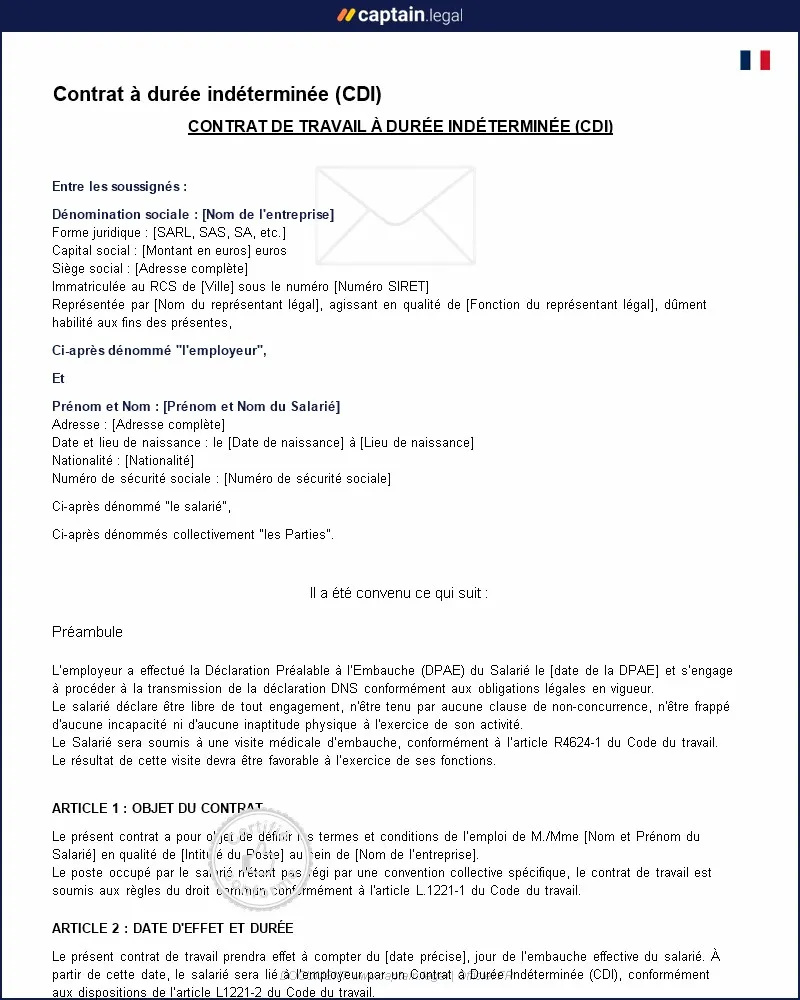 Personnalisez : Modèle de contrat de travail à durée indéterminée à personnaliser