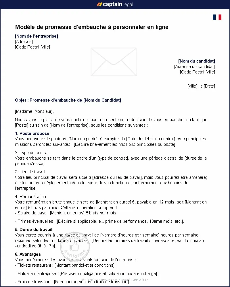 Personnalisez : Modèle de Promesse d'embauche à personnaliser