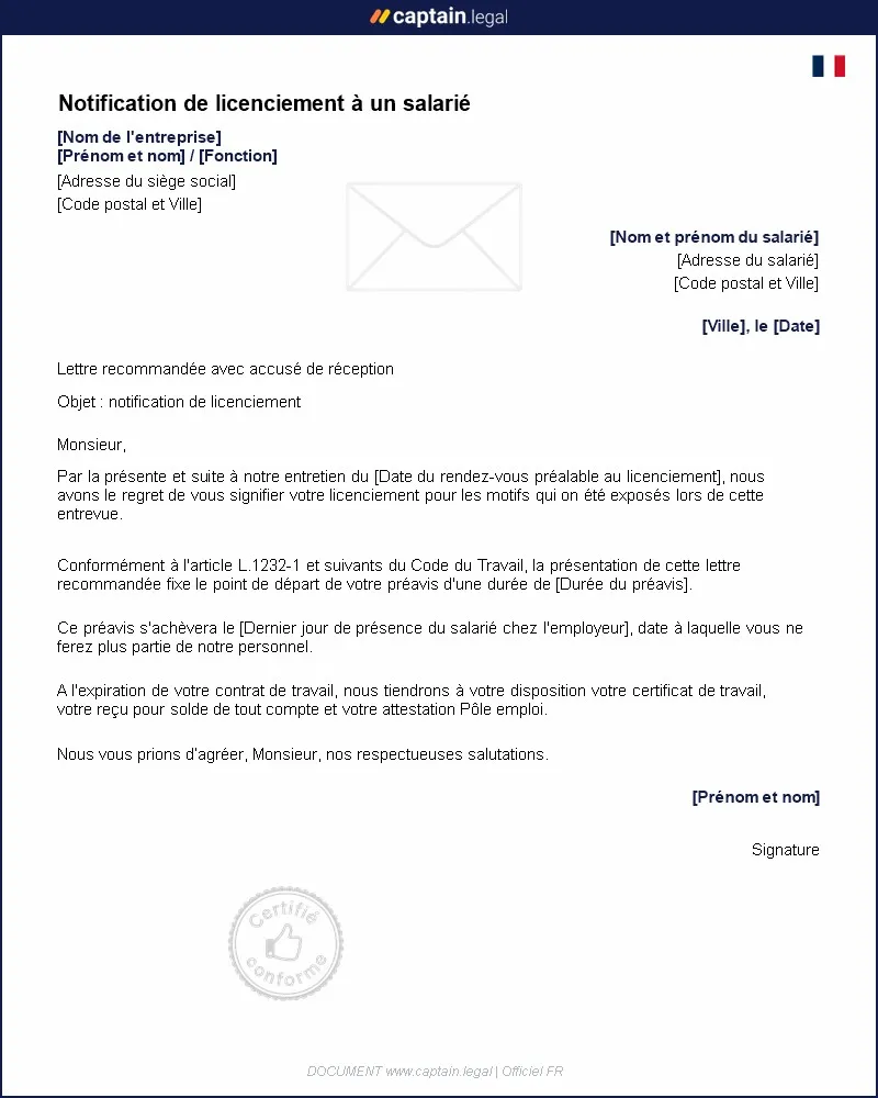 Personnalisez : Notification de licenciement à un salarié