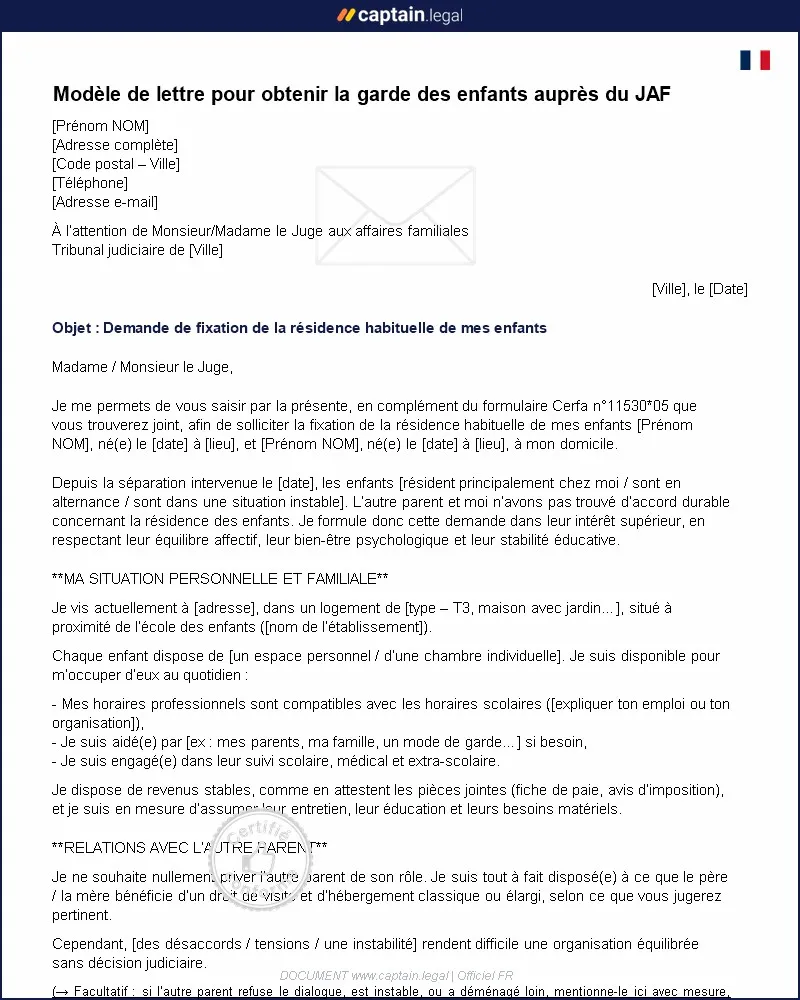 Personnalisez : Lettre au juge des affaires familiales : demander la garde exclusive ou partagée