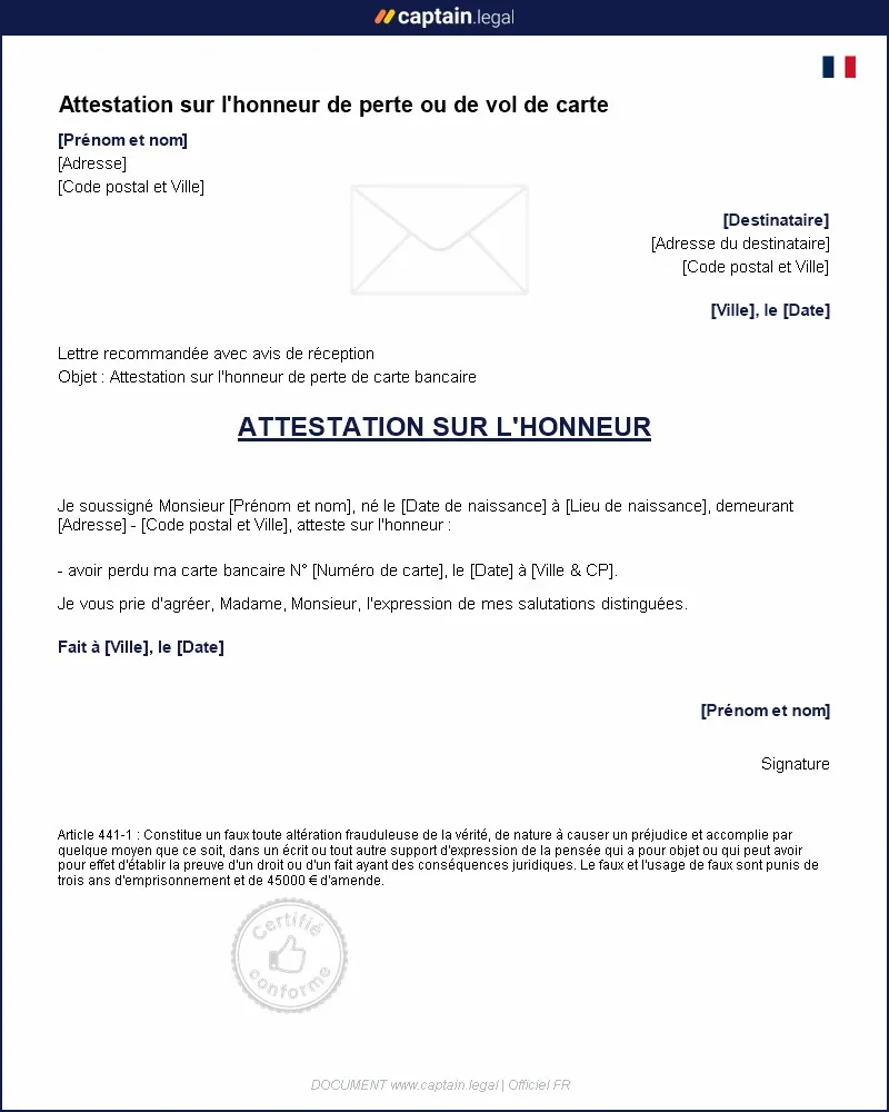 Personnalisez : Attestation sur l'honneur de perte ou de vol de carte