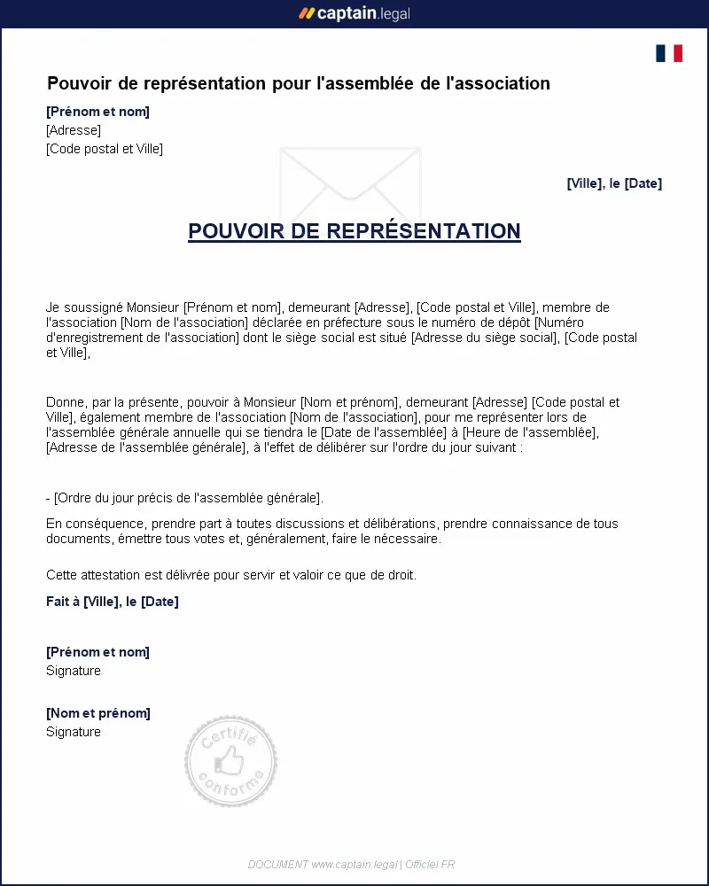 Personnalisez : Pouvoir de représentation à un membre de l'association