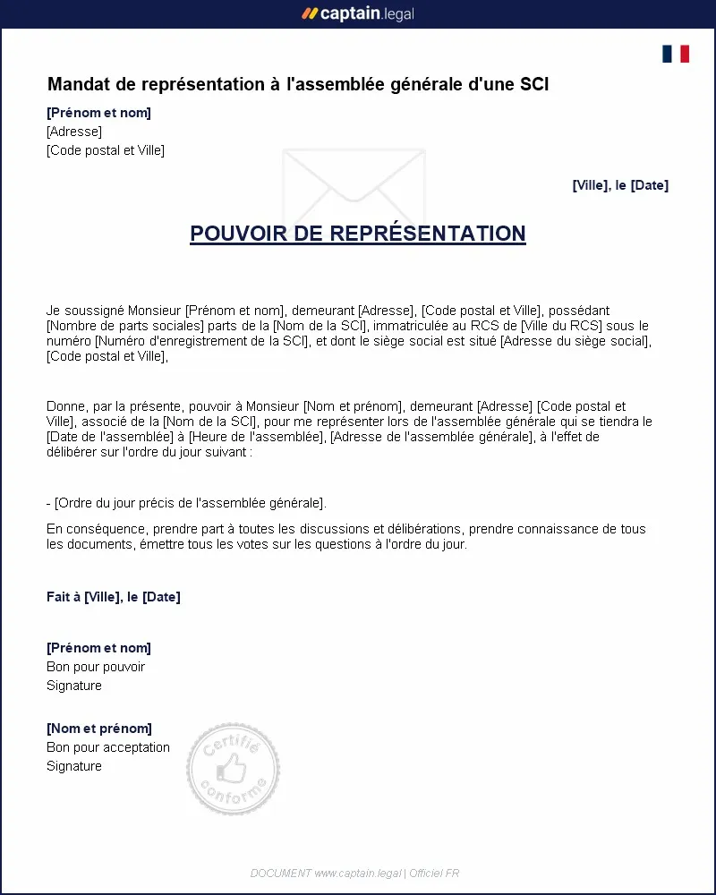 Personnalisez : Modèle de mandat de représentation pour assemblée générale de SCI