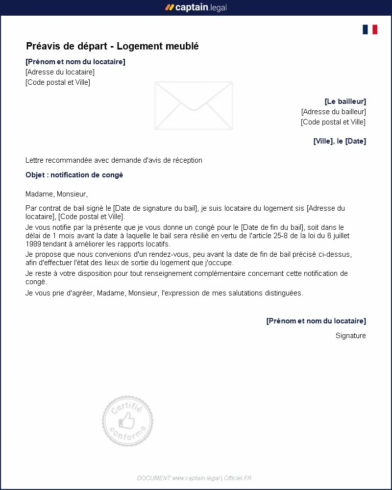 Personnalisez : Préavis de départ du locataire- Meublé