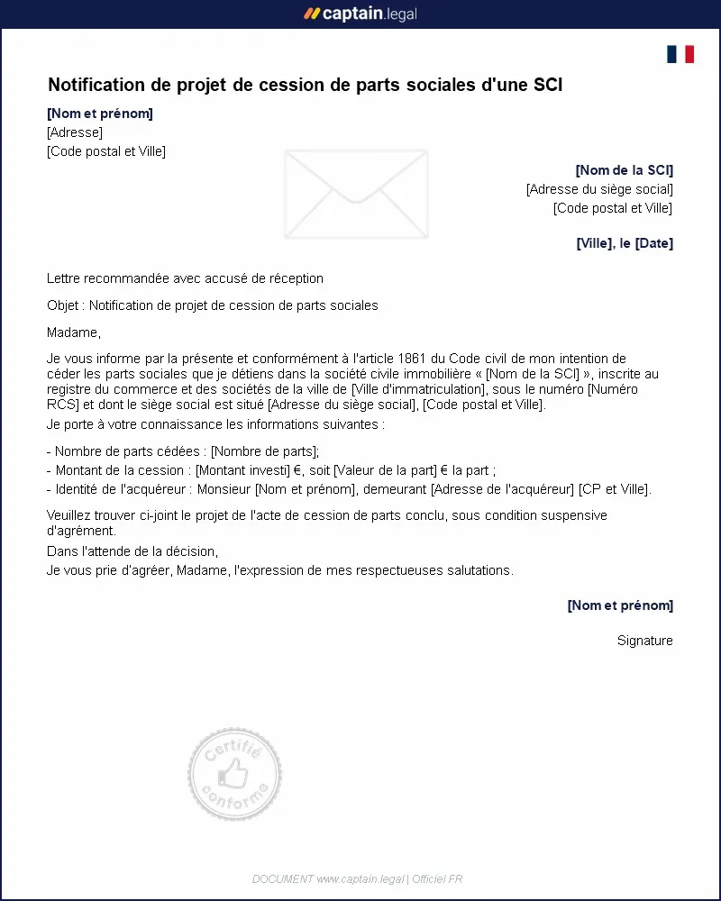 Personnalisez : Projet de cession de parts sociales - SCI