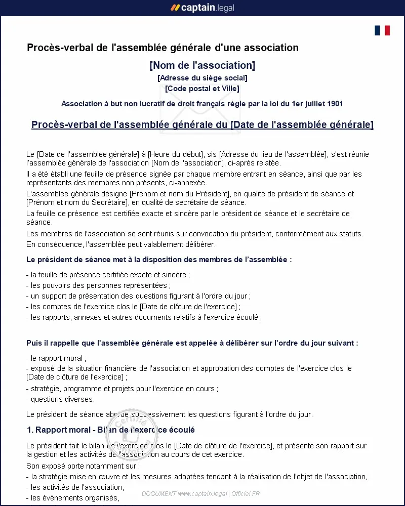 Personnalisez : Procès-verbal de l'assemblée générale d'une association