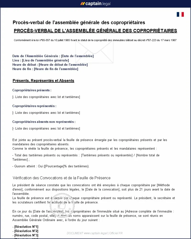 Personnalisez : Procès-verbal d'assemblée générale des copropriétaires à remplir