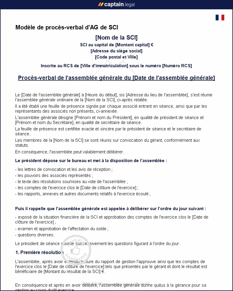 Personnalisez : Procès-verbal d'assemblée générale de SCI