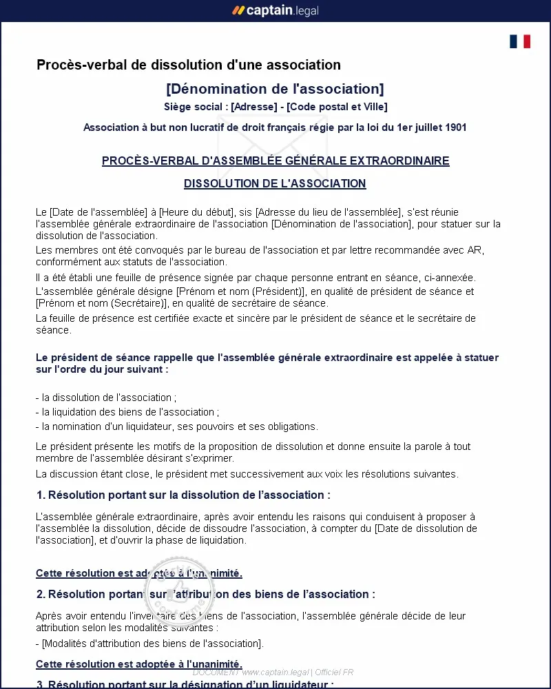 Personnalisez : Procès-verbal de dissolution d'une association
