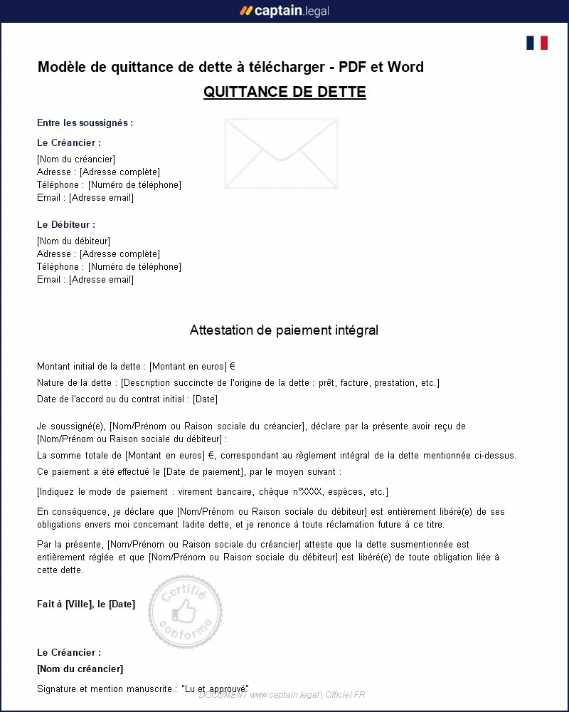 Personnalisez : Modèle de quittance de dette à télécharger              