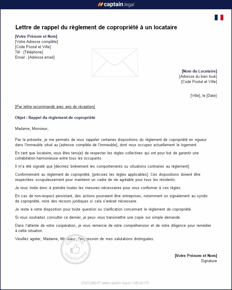 Personnalisez : Rappeller l'obligation de respecter le règlement de copropriété à un locataire