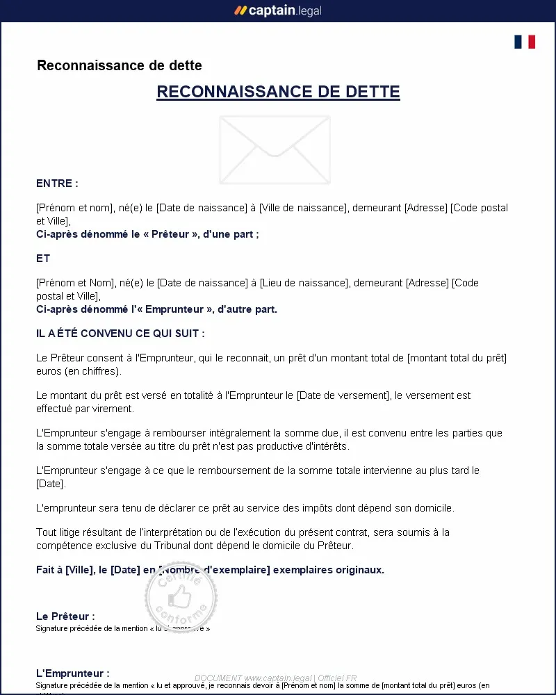 Personnalisez : Faire une reconnaissance de dette en Ligne - PDF & Word