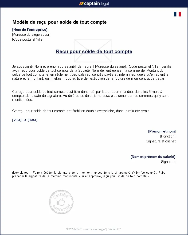 Personnalisez : Modèle de reçu pour solde de tout compte