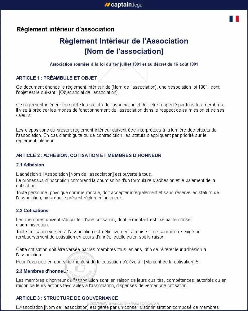 Personnalisez : Modèle de règlement intérieur d'association
