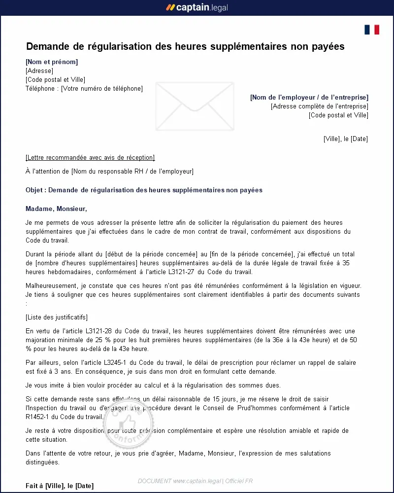 Personnalisez : Lettre à l'employeur pour demander la régularisation des heures supplémentaires non payées