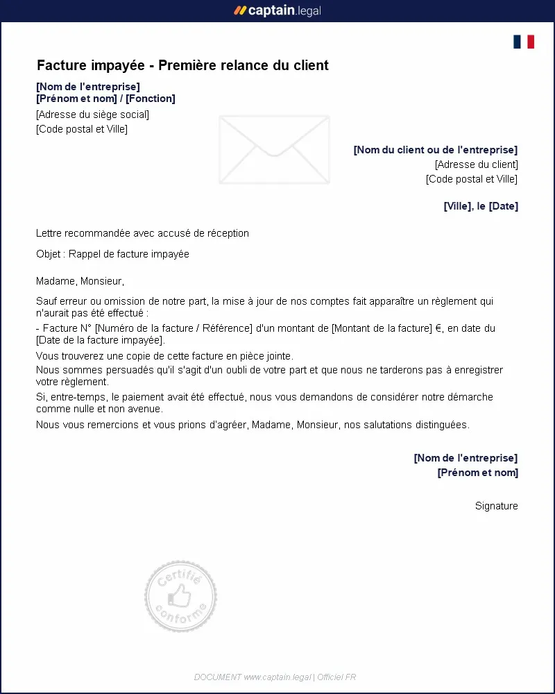 Personnalisez : Facture impayée - Première relance du client
