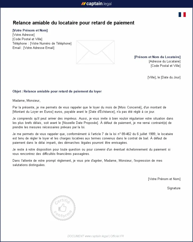 Personnalisez : Relance amiable pour loyers impayés – Modèle PDF et Word