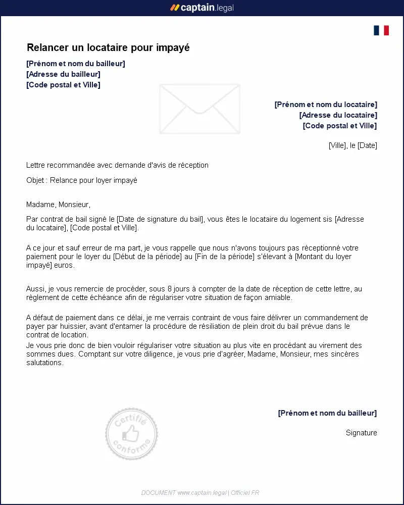 Personnalisez : Relancer un locataire pour impayé de loyer