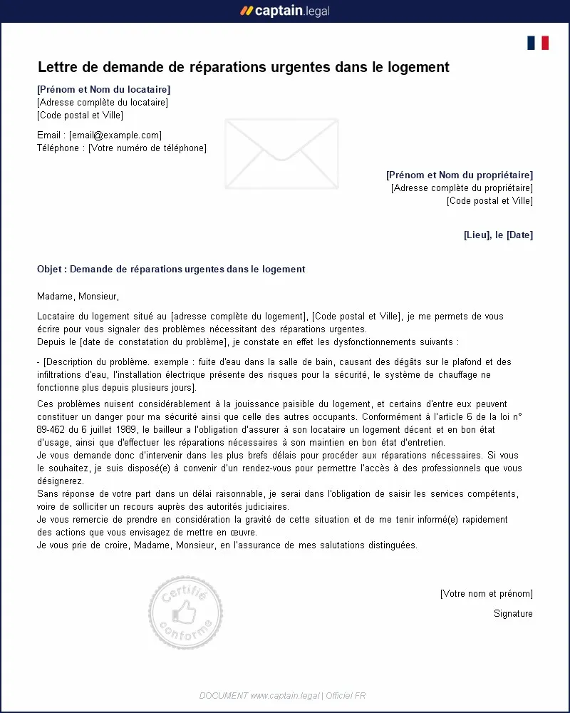 Personnalisez : Demande de réparations urgentes au propriétaire