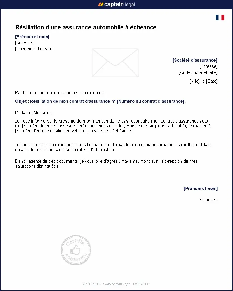 Personnalisez : Résiliation d'une assurance automobile à échéance