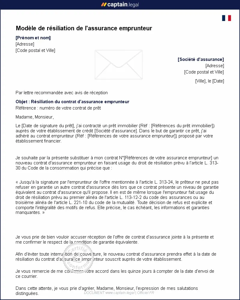 Personnalisez : Lettre de résiliation de l'assurance emprunteur