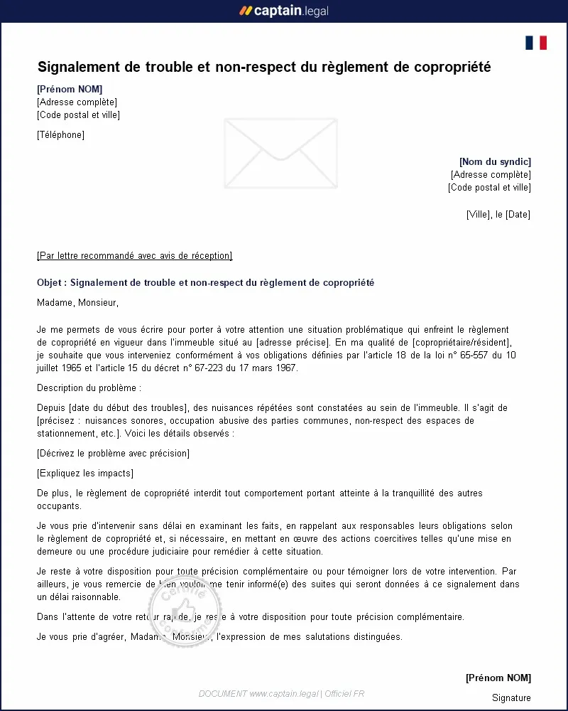 Personnalisez : Lettre de signalement de nuisances en copropriété