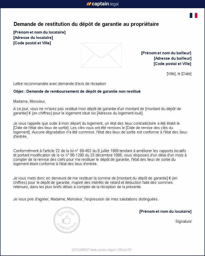 Personnalisez : Demande de restitution du dépôt de garantie au propriétaire