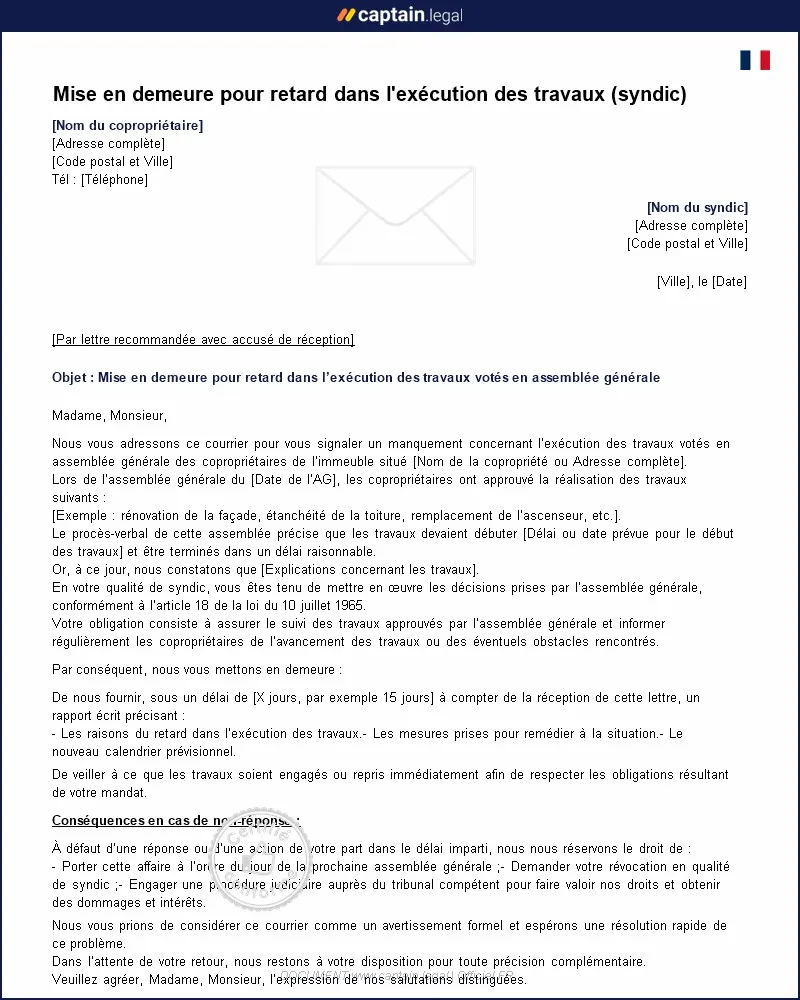 Personnalisez : Retard de travaux, mise en demeure du syndic de copropriété