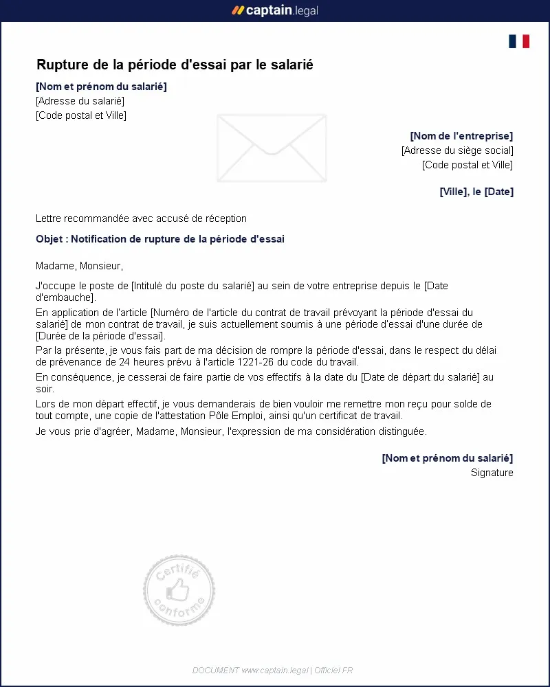 Personnalisez : Rupture de la période d'essai par le salarié