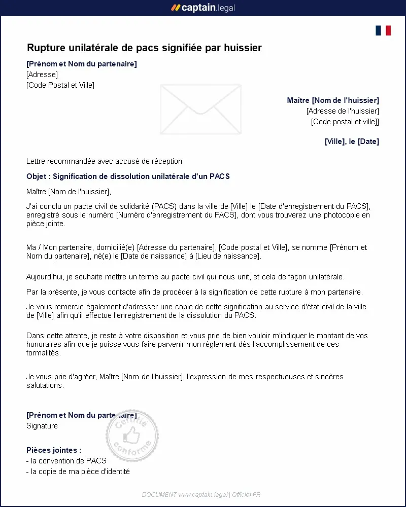 Personnalisez : Rupture unilatérale de pacs signifiée par huissier - PDF et Word