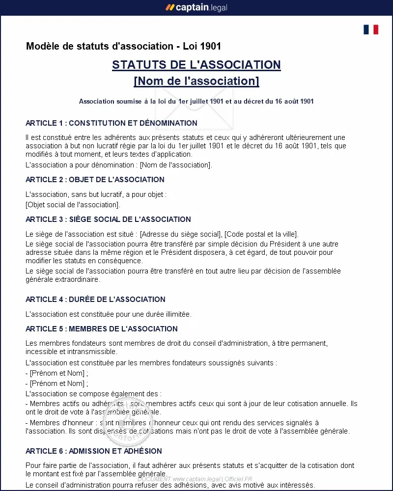 Personnalisez : Modèle de statuts d'association à personnaliser - Loi 1901
