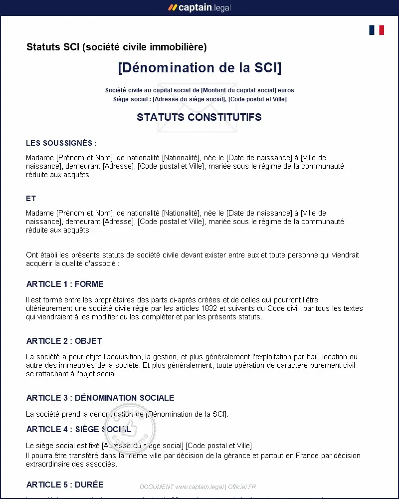 Personnalisez : Modèles de statuts de SCI à remplir en ligne