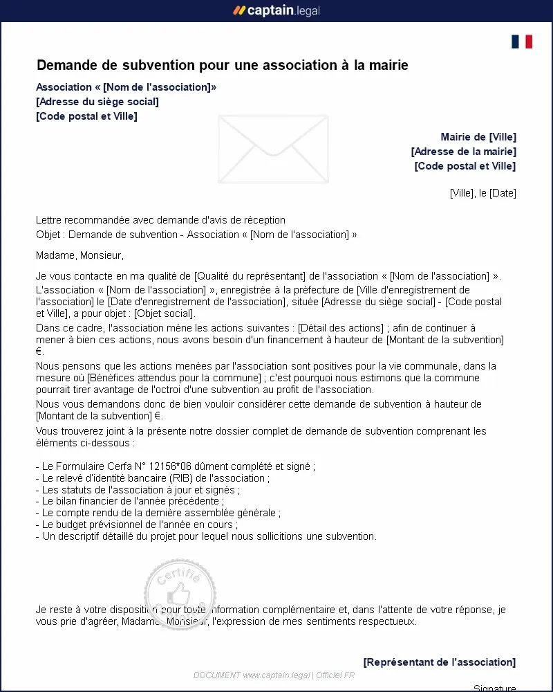 Personnalisez : Demande de subvention pour une association à la mairie