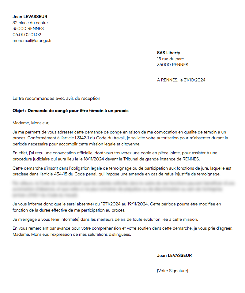 congé pour être témoin à un procès ou juré d'assises