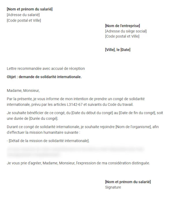 congé de solidarité internationale à envoyer avec destinataire