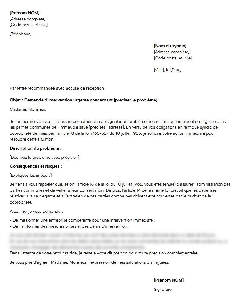 Demande d'intervention urgente au syndic